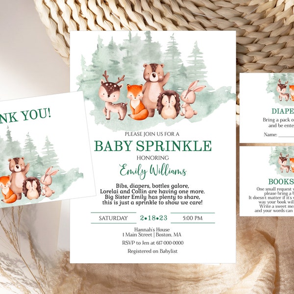 Woodland Baby Sprinkle Invitation Set Editable Boy Baby Sprinkle Invitation Forest Animals Baby Shower Template Instant Download 835