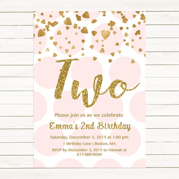 pink and gold 2nd birthday invitation girl any age pink gold heart