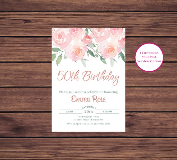 50th Birthday Invitation, Pink Floral Rose Gold 30th, 40th, 60th, 70th, 80th, 90th, Any Age Birthday Invitation, 1559 Printable Invitation Il_570xn