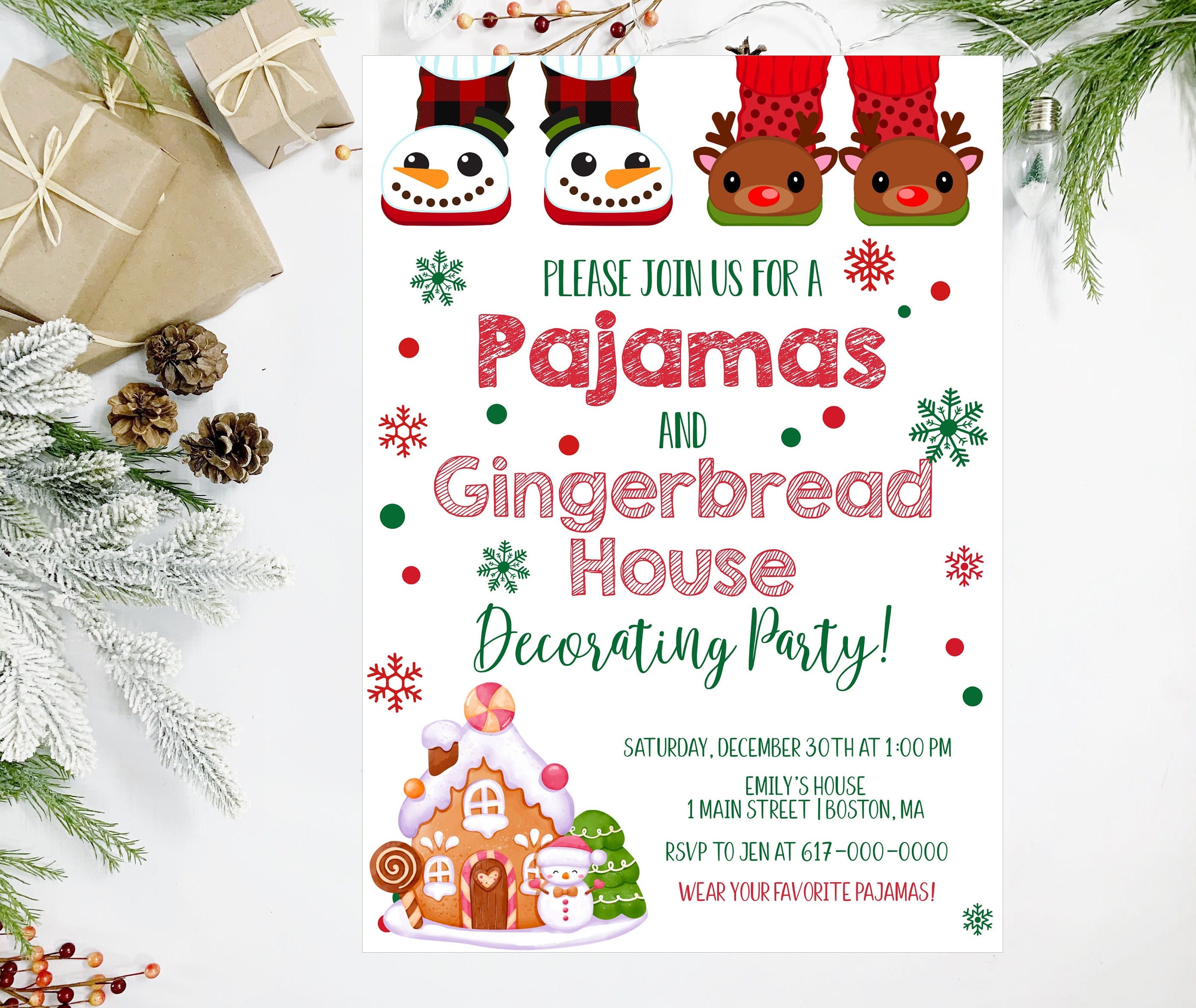 Christmas Gingerbread House and Pajamas Party Invitation Red and