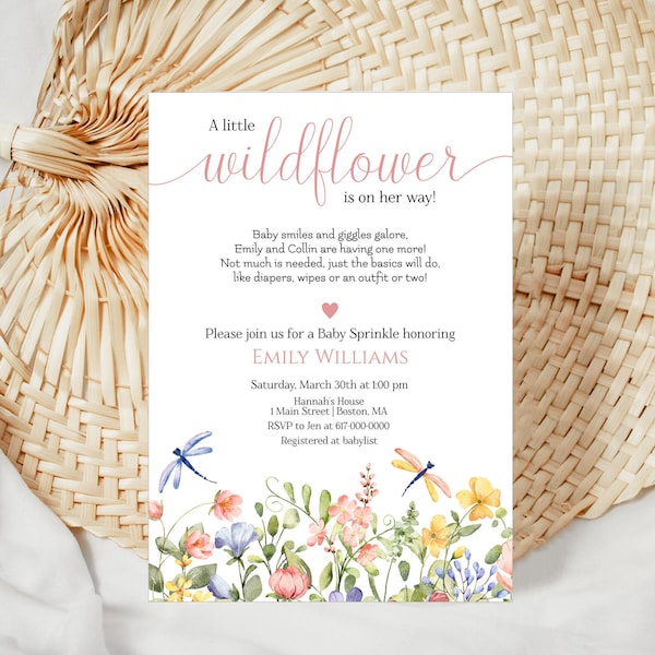 Editable Wildflowers Baby Sprinkle Invitation Girl Pink Floral Baby Sprinkle Invitation Baby Shower 831