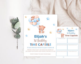 Teddy Bear Baby Time Capsule Editable Boy Birthday Time Capsule Blue and Brown Baby Shower Instant Download 801