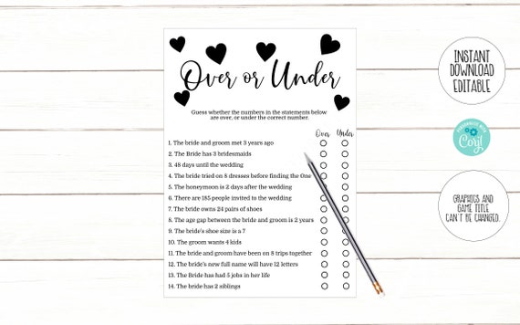 Editable Over or Under Bridal Shower Game, Bridal Over or Under Game, Printable Editable Instant Download 505 Il_570xn