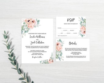 Editable Wedding Invitation Set Pink Floral Wedding Invitation Greenery Wedding Invitation 511 Instant Download