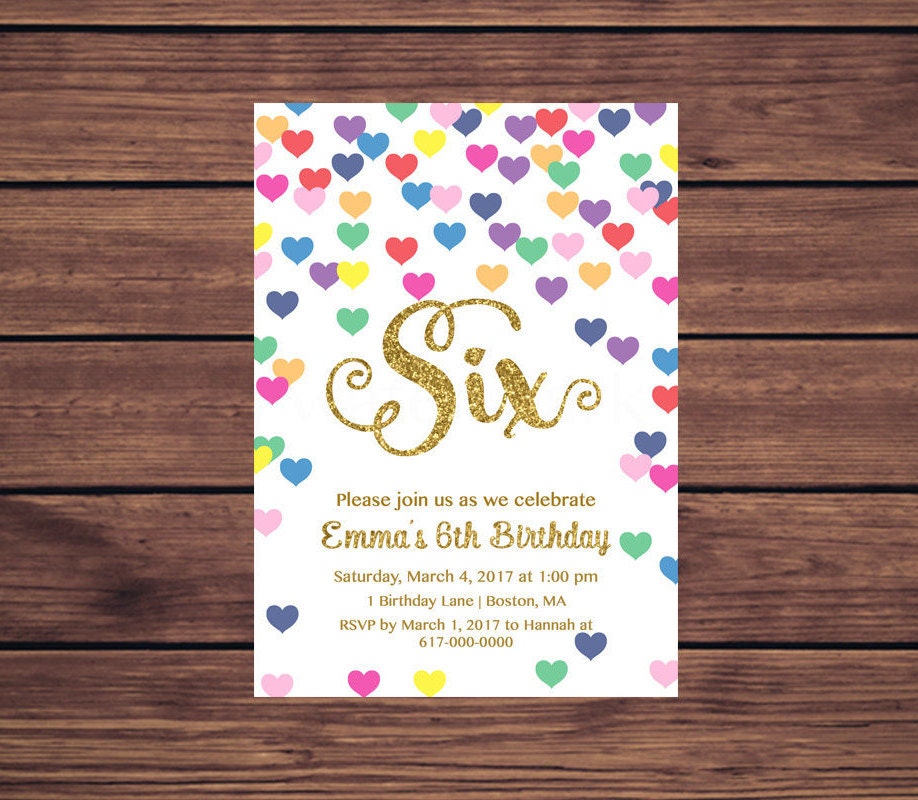 6th Birthday Invitation Girl Any Age Colorful Hearts Girl Etsy