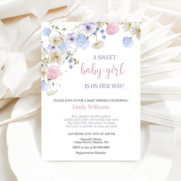 Purple Wildflowers Baby Sprinkle Invitation Girl Pink Floral Baby Sprinkle Invitation Editable Baby Shower Invite 858