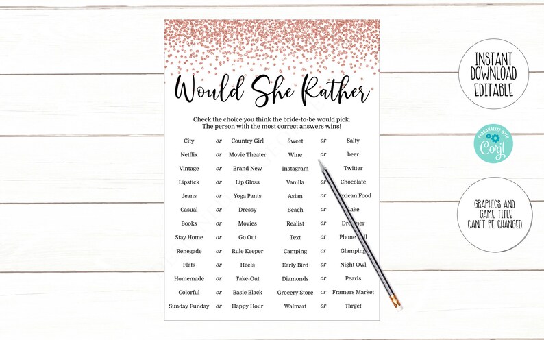 Editable Would She Rather Game Printable Editable Instant Download 522 Rose Gold Bridal Shower Game