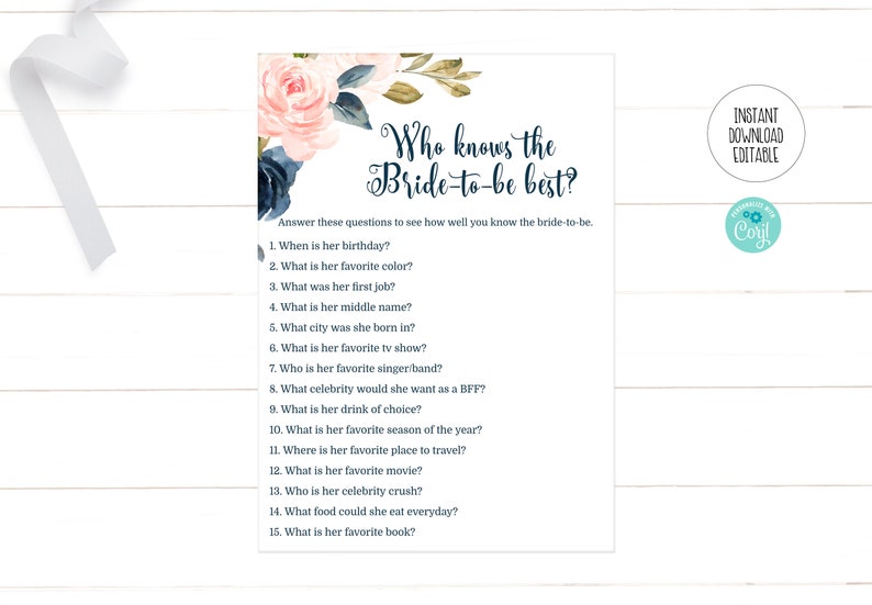 Editable Who Knows the Bride to Be Best Game Navy Blue Pink - Etsy