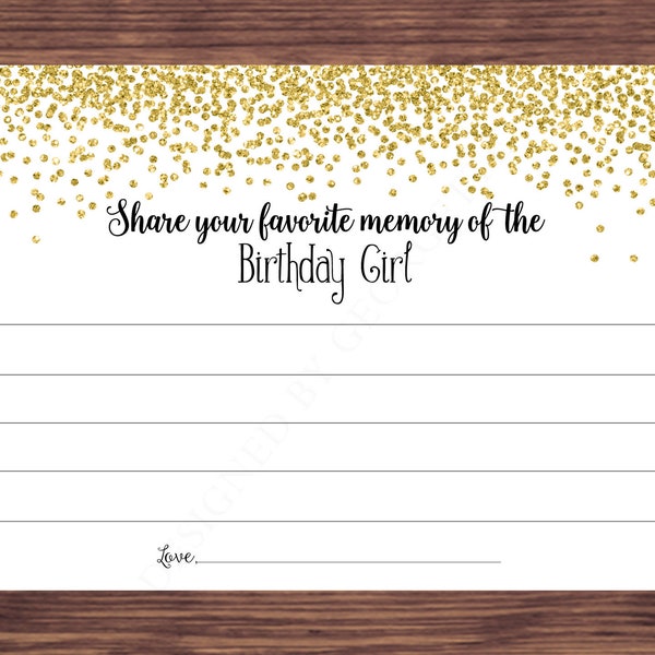 Share Your Favorite Memory of the Birthday Girl Gold Share a Memory Card Adult Birthday Instant Download Printable 110