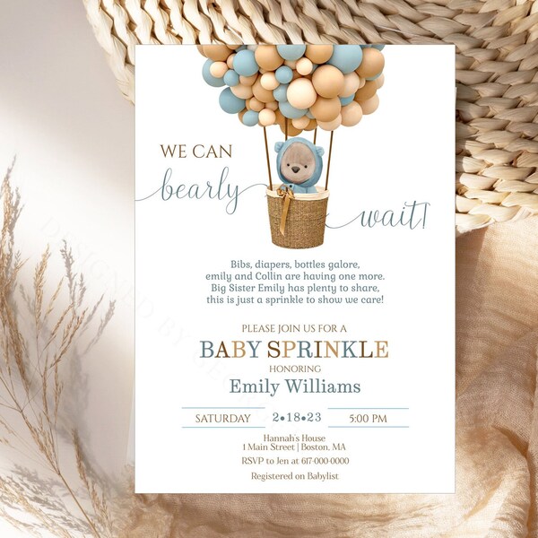 Editable Teddy Bear Baby Sprinkle Invitation  Boy Baby Sprinkle Invitation Blue and Brown Baby Shower 823