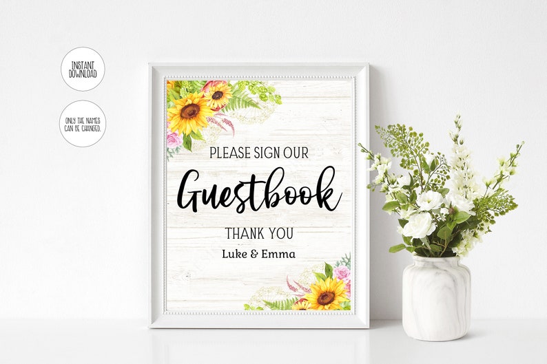 Sunflower Rustic Guest Book Sign 520 Editable Instant Download Editable Guestbook Sign