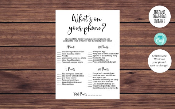 Editable Whats on Your Phone Birthday Game, Women's Birthday Party Game, Printable Editable Instant Download 153 Il_570xn