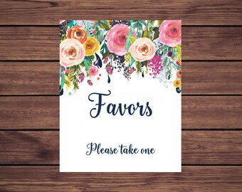 Favors Sign Favors Please take one Baby Shower Navy and Pink Floral Colorful Flowers Bridal Shower Sign   Instant Download 201 Printable