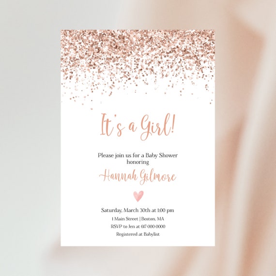 Rose Gold Baby Shower Invitation Girl, Pink Baby Shower Invitation