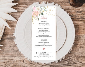 First Communion Menu Pink Baptism Menu Editable Menu Instant Download Printable Instant Download 832