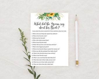 Editable What did the Groom say about his Bride Game Sunflower Bridal Shower Game Printable Editable Instant Download 510