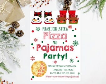 Christmas Pizza Pajamas Party Invitation Red and Green Holiday Party Invitation Instant Download Printable Editable