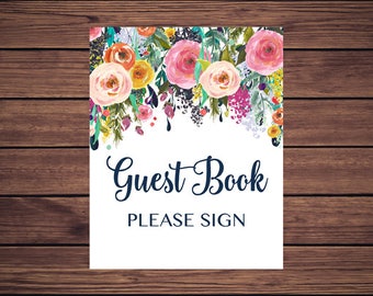 Please Sign Our Guest Book Sign Pink Floral Guestbook Sign Pink and Navy Flowers  201 Printable