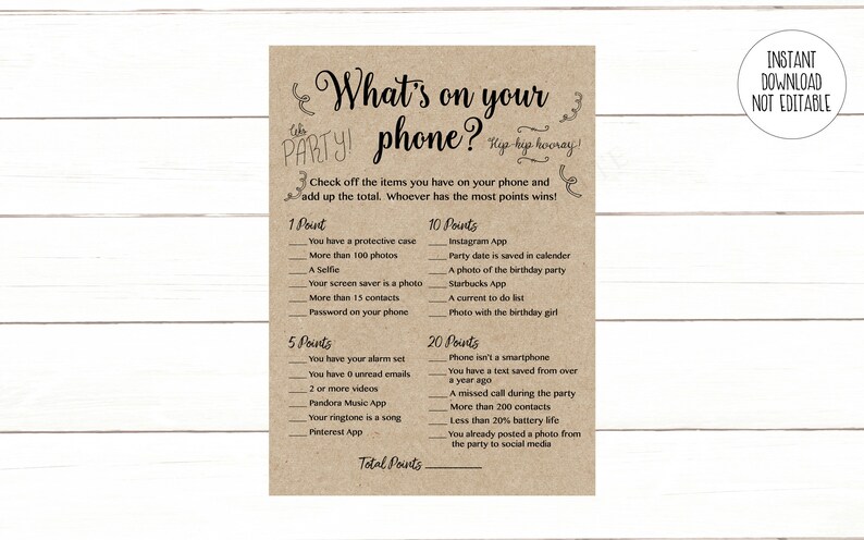Twenty Questions Adult Birthday Game Bundle for her Favorite Memory Whats in Your Phone Instant 104 Printable Kraft Birthday Games