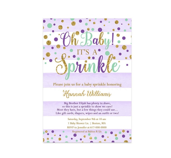 purple and mint baby sprinkle invitation girl purple mint and gold
