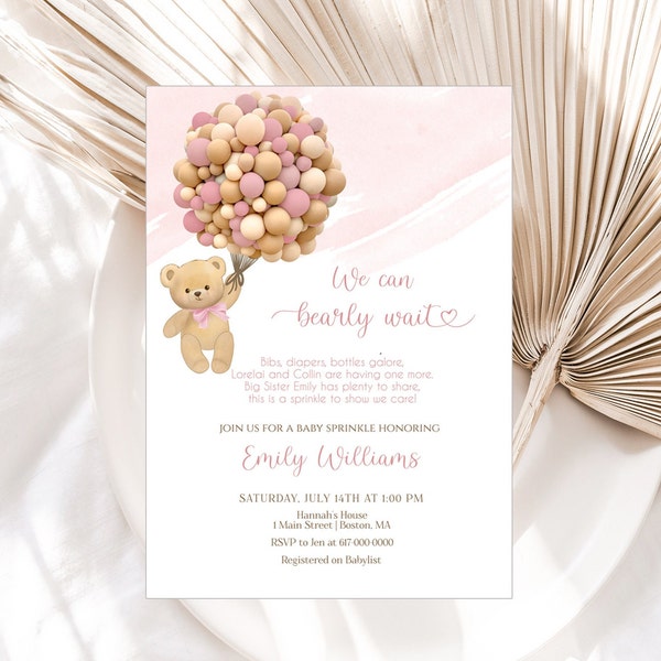 Editable Pink Teddy Bear Baby Sprinkle Invitation Girl Baby Sprinkle Invitation Template 889