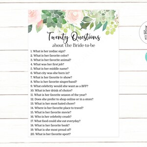 Editable Twenty Questions About the Bride Game Succulent Bridal Shower ...