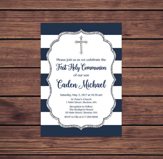First Communion Invitation Boy, Navy Blue and Silver First Communion Invitation, 228Printable Invitation Printable Il_570xn