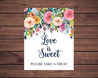 Love is Sweet Sign Pink Floral Love is Sweet Sign Wedding Love is Sweet Pink and Navy Flowers Favor Sign Instant Download   201 Printable