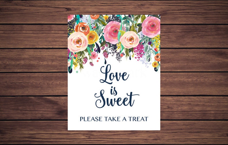 Love is Sweet Sign Pink Floral Love is Sweet Sign Wedding Love is Sweet Pink and Navy Flowers Favor Sign Instant Download 201 Printable image 1