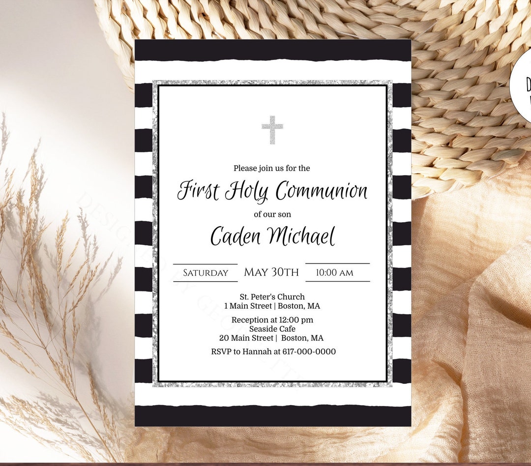 First Holy Communion Invitation Boy, Black and Silver 1st Communion