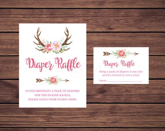 Boho Diaper Raffle Tickets Baby Shower Diaper Raffle Insert Card Floral Deer Antler Instant Download  235 Printable