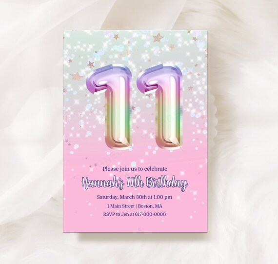 11th Birthday Invitation, Rainbow Birthday Invitation, Instant Download ...