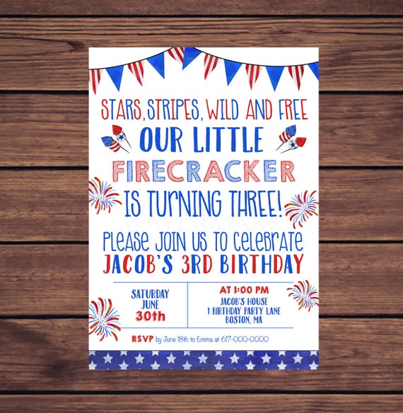 4th of July Birthday Invitations, Red White and Blue 3rd Birthday Invitations, Wild and Free 3rd Birthday, Any Age 343 Printable Invitation Il_570xn