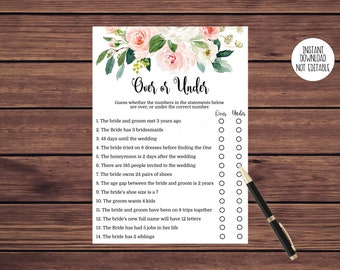 Over or Under Bridal Shower Game Printable Game Floral - Etsy