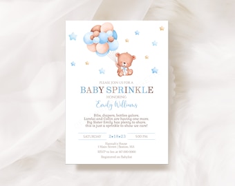 Editable Teddy Bear Baby Sprinkle Invitation  Boy Baby Sprinkle Invitation Blue and Brown Baby Shower  801