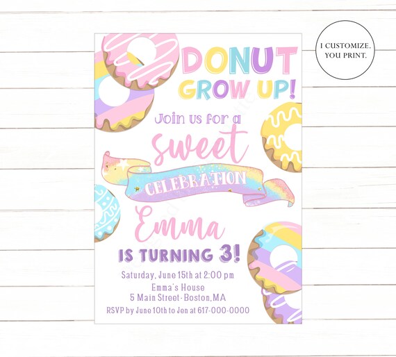 Donut Grow Up Birthday Invitations, Pink Donut Birthday Invitation Girl, Any Age Girl First Birthday, Printable Invitation 1870 Il_570xn