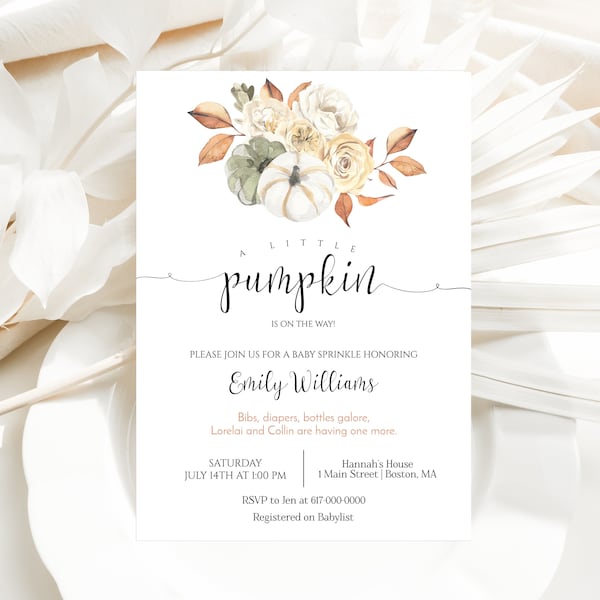 Editable Pumpkin Baby Sprinkle Invitation Fall Sprinkle Invitation Gender Neutral Baby Shower 854