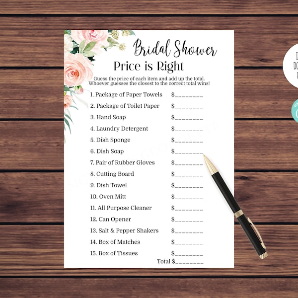 Editable Bridal Price is Right Game Pink Floral Fall Bridal Shower Game 518 Instant Download