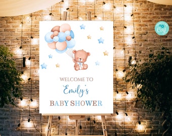 Teddy Bear Baby Shower Welcome Sign Editable Boy Sprinkle Welcome Sign Blue and Brown Baby Shower Instant Download 801