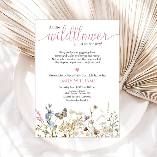 Editable Wildflowers Baby Sprinkle Invitation Girl Pink Floral Baby Sprinkle Invitation Baby Shower 822