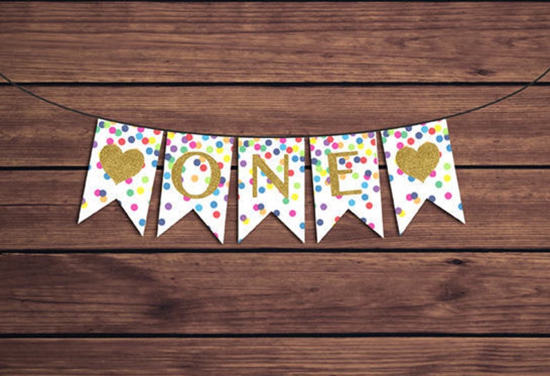 Rainbow Confetti Birthday Banner One Bunting Colorful Confetti 1st Birthday Banner Highchair Banner Instant Download PDF Printable 852 image 1