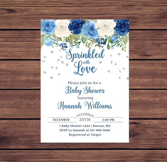 Sprinkled with Love Baby Shower Invitation, Blue Floral Baby Shower Invitation, Boy Baby Shower, Blue and Silver Printable Invitation 481 Il_570xn