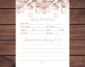 Pink Floral Mason Jars Baby Predictions and Advice Card Mason Jar Baby Predictions Card Advice for Mommy Instant Download  Printable233