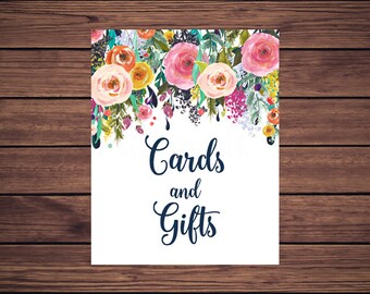 Cards and Gifts Sign Pink Floral Cards and Gifts Sign Pink and Navy Flowers Instant Download   201 Printable