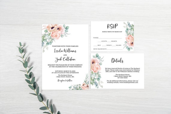 Editable Wedding Invitation Set, Pink Floral Wedding Invitation, 511 Instant Download Il_570xn