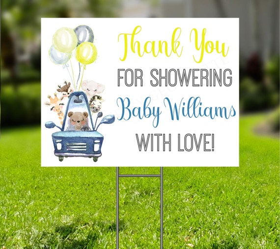 Editable Thank You for Showering Sign, Blue and Yellow Drive Through Baby Shower Yard Sign, Safari Baby Shower Parade Sign, Printable Il_570xn