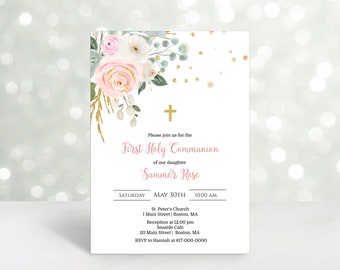 First Holy Communion Invitation Girl Pink Floral 1st Communion Invitation Instant Download 832