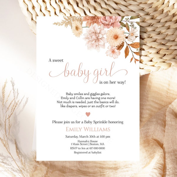 Editable Boho Baby Sprinkle Invitation Girl Pink Floral Baby Sprinkle Invitation Baby Shower Printable Download Corjl Template 829