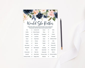 Editable Would She Rather Game Navy Blue and Pink Floral Bridal Shower Game Printable Instant Download 515