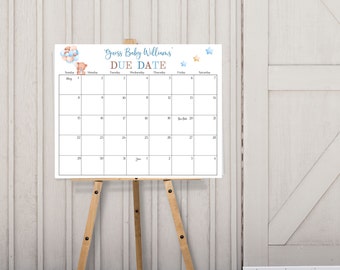 Teddy Bear Baby Shower Due Date Guessing Game Editable Boy Due Date Calendar Sign Blue and Brown Baby Shower Instant Download 801